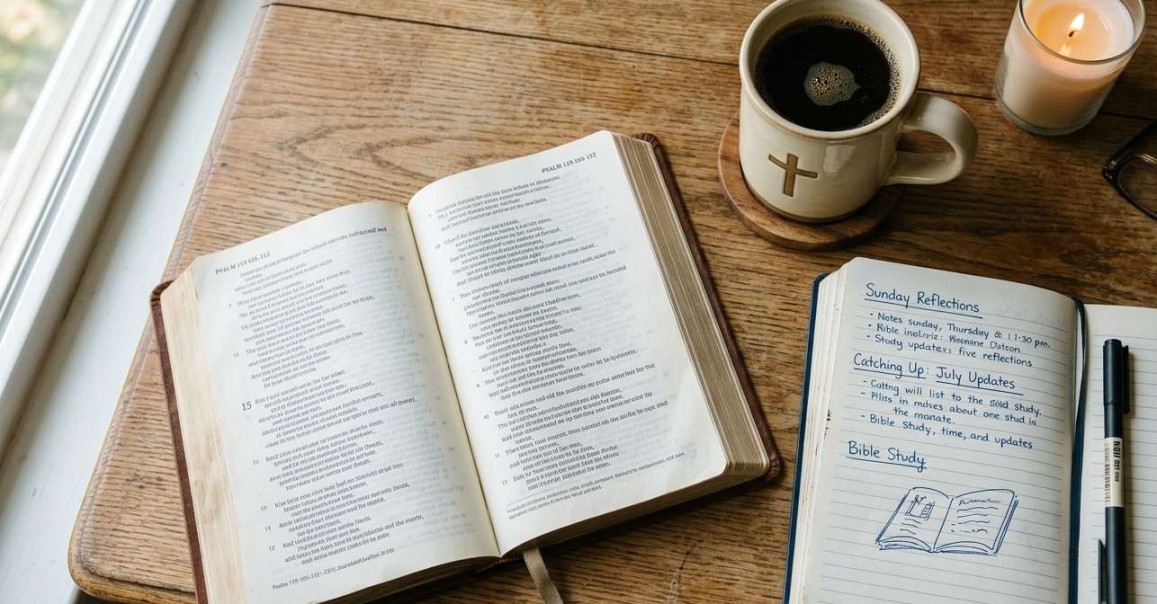 An open Bible, journal notebook, and a cup of coffee on a wooden desk.